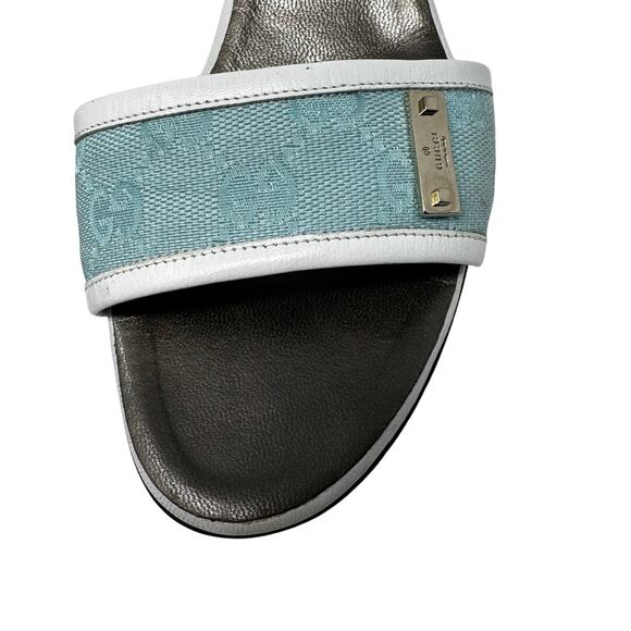 Gucci Monogram Canvas Kitten Heel Slides Blue White Logo Mules Sandals 7.5 - Picture 3 of 9